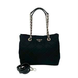 PRADA Triangle Logo Quilted Nylon and Saffiano Leather 2-Way Chain Tote/Shoul...